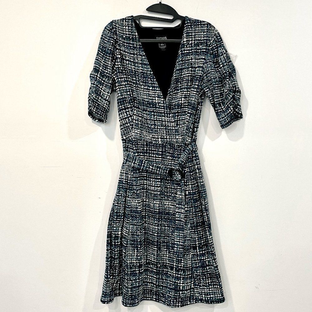 Enfocus Studio Womens Wrap Elbow Sleeve Belted Tweed Dress Gray Black Size 12